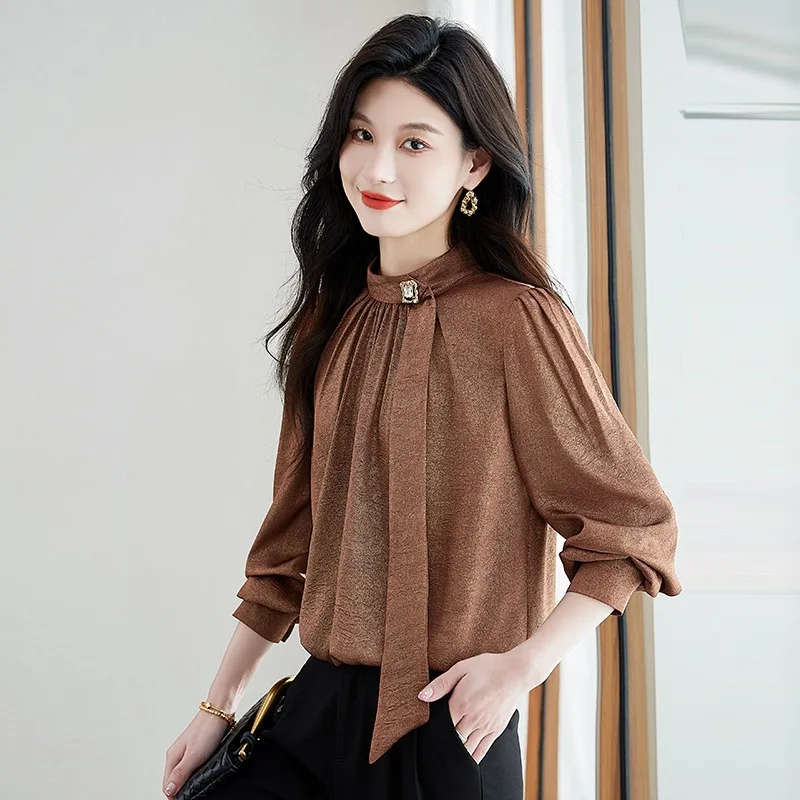 

Office Lady Women's Blouses Solid Color Vintage Shirts Fashion Loose Spring/autumn Clothing Frosted Long Sleeved Women Tops