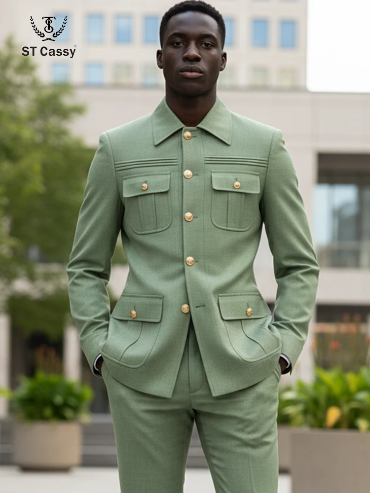 

ST Cassy grass green Elegant Men's suit Classic Fit Multi Buckle Multi Pocket Casual Business Set Men's 2-piece Set