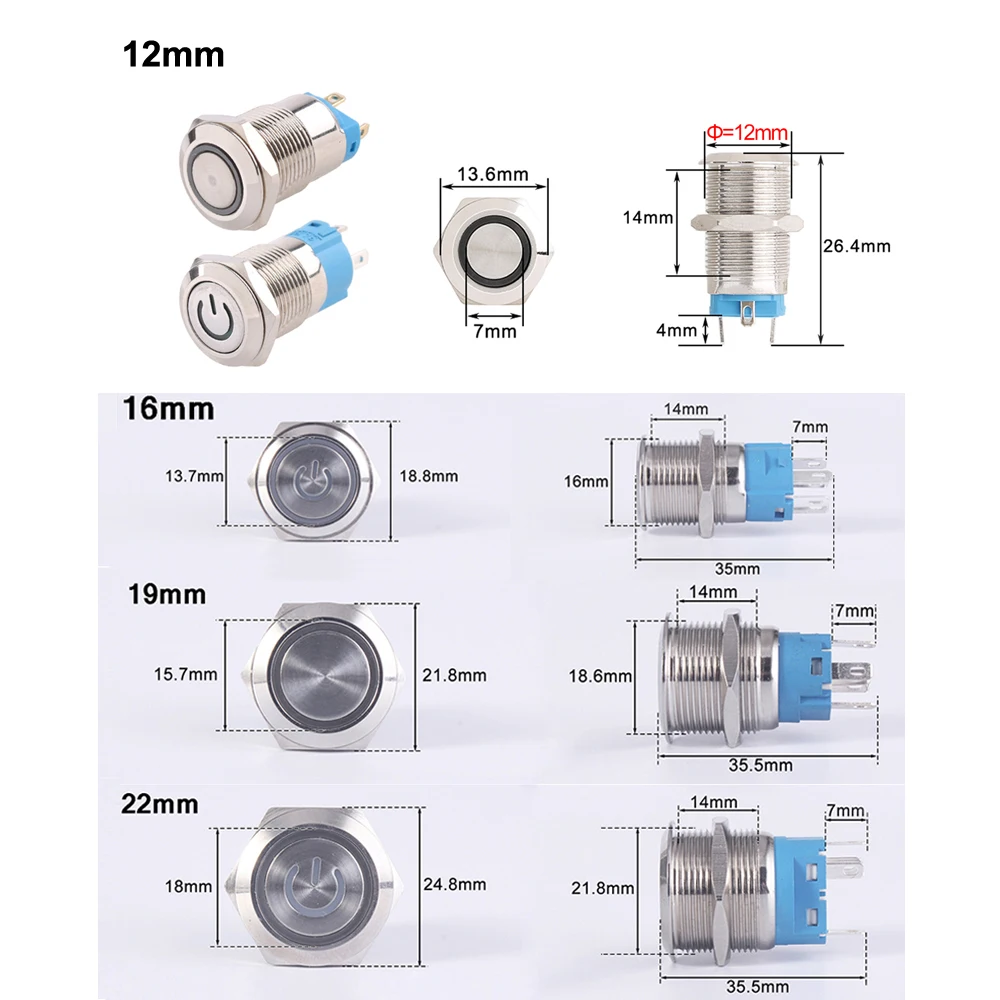 1 pz 12/16/19/22mm interruttore a pulsante in metallo alimentazione impermeabile piatto circolare LED luce autobloccante autoripristinante 1 no1nc