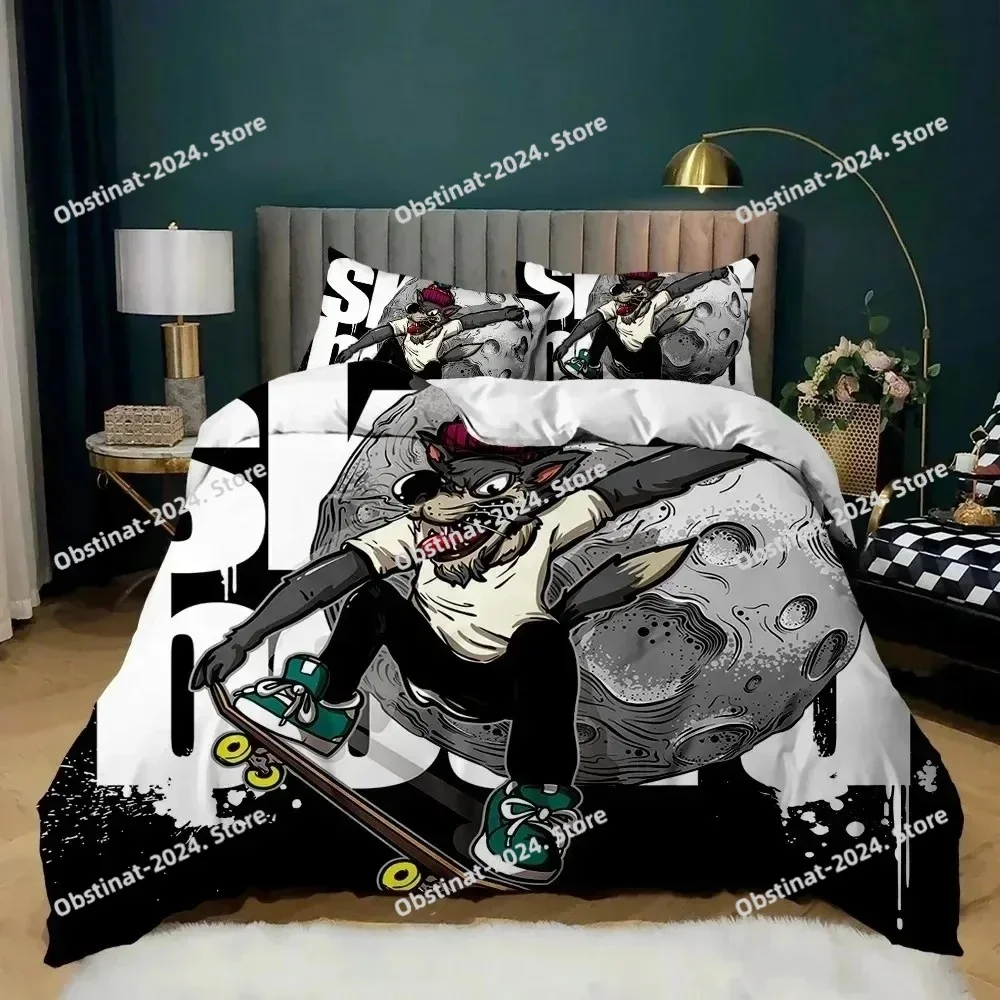 

Cartoon Skateboard Wolf Hip Hop Skateboard Sport Bedding Set Printed Bed Set With Pillowcase Bed Duvet Cover Soft Single Double