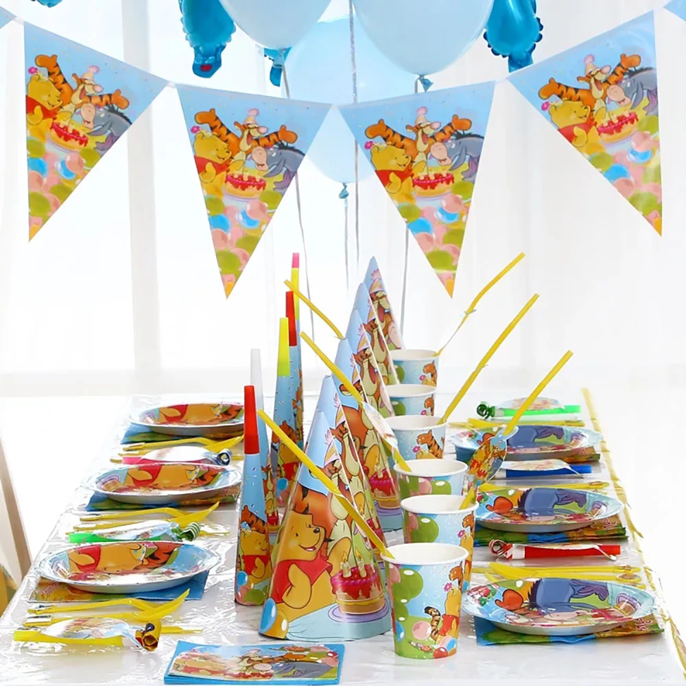 Disney-cubiertos desechables para fiesta de Winnie the Pooh, platos y vasos, decoraciones para fiesta de cumpleaños, cubierta de mesa