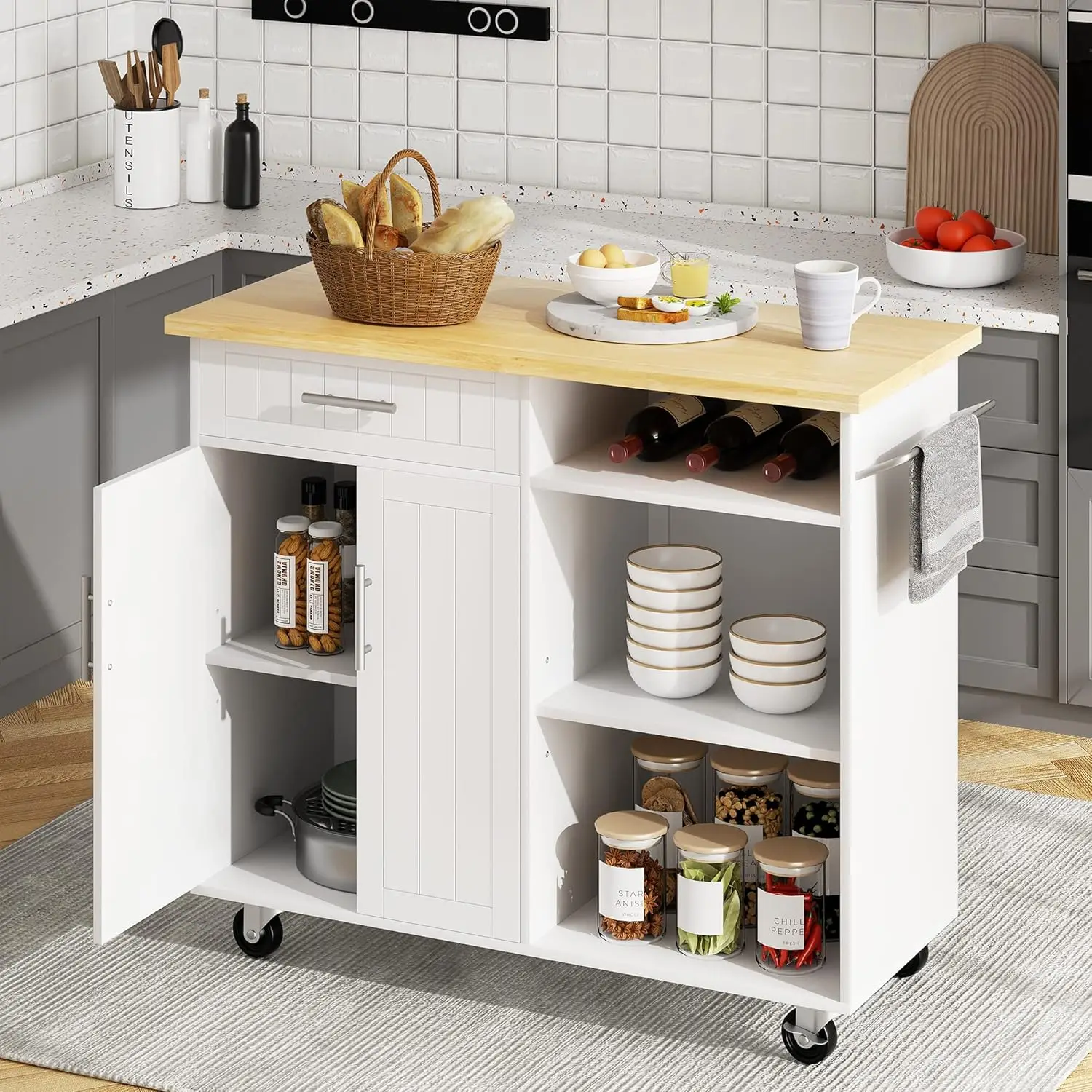

Kitchen Island on Wheels with Storage Cabinet & Drawer, 42" Multifunction Kitchen Cart Cabinet with Shelves, Cart, Customized