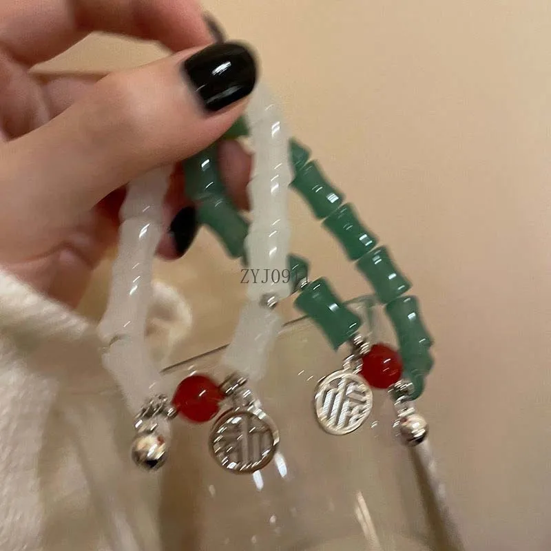 *New Chinese Style Green Crystal Bamboo Bracelet for Women Girl Vintage Elastic Beaded Charm Bangle Bracelet Jewelry  Lover Gift