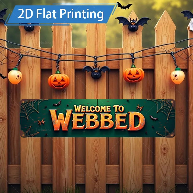 1pc Metal Sign, 4x16inch Halloween Webbed Welcome Sign - 2D Flat Printing for Festive Decor