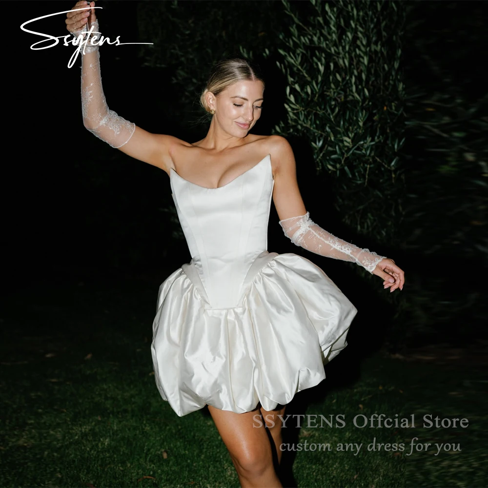 

SSYTENS Simple Ivory Mini Wedding Dresses O Neck Satin Bridal Gowns Sleeveless A line Short Above Knee Party Dress Customized