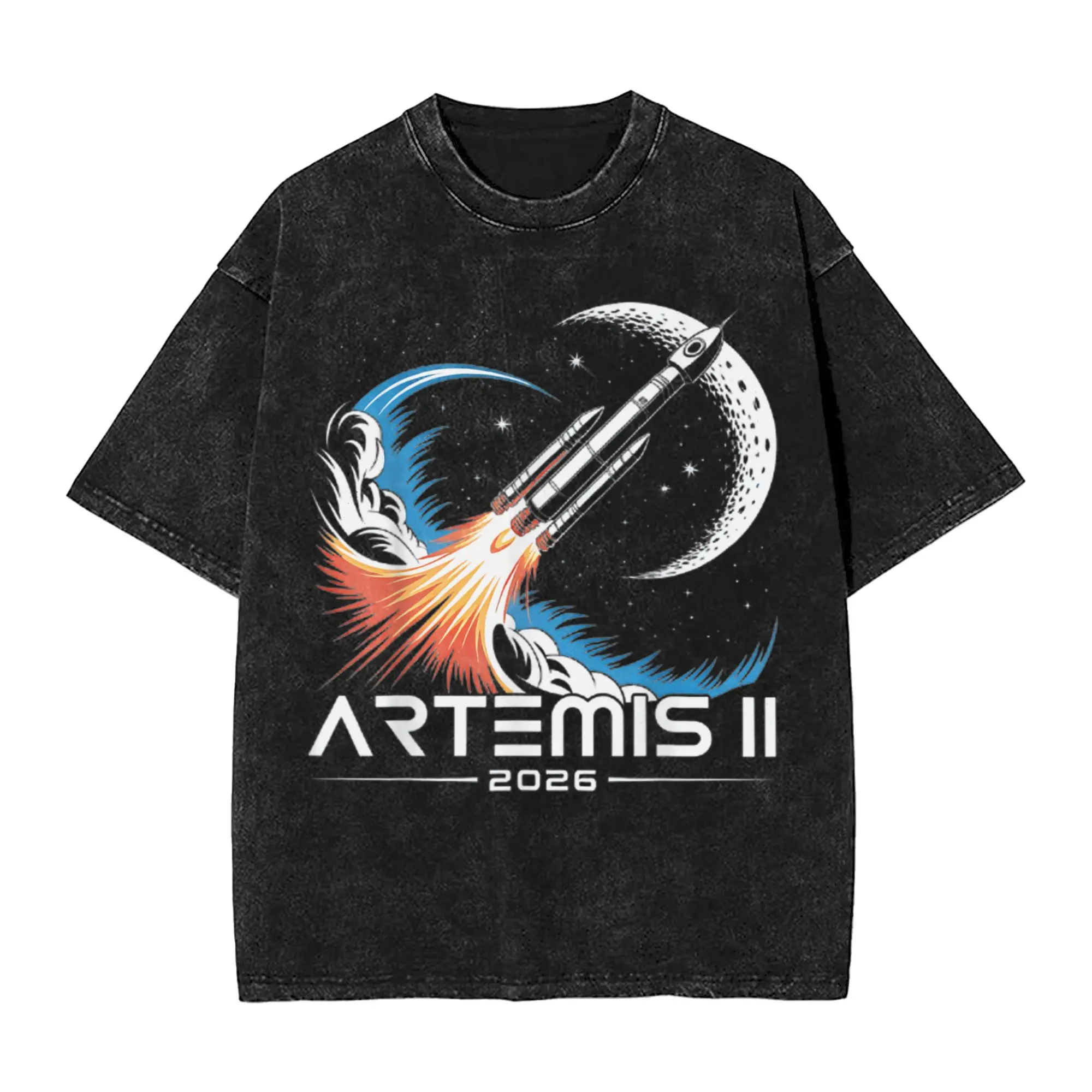 Artemis II Launch to The Moon 2026 Washed T Shirt Streetwear Hip Hop Retro T-Shirts Tees  Men Women 100% Cotton Harajuku Summer