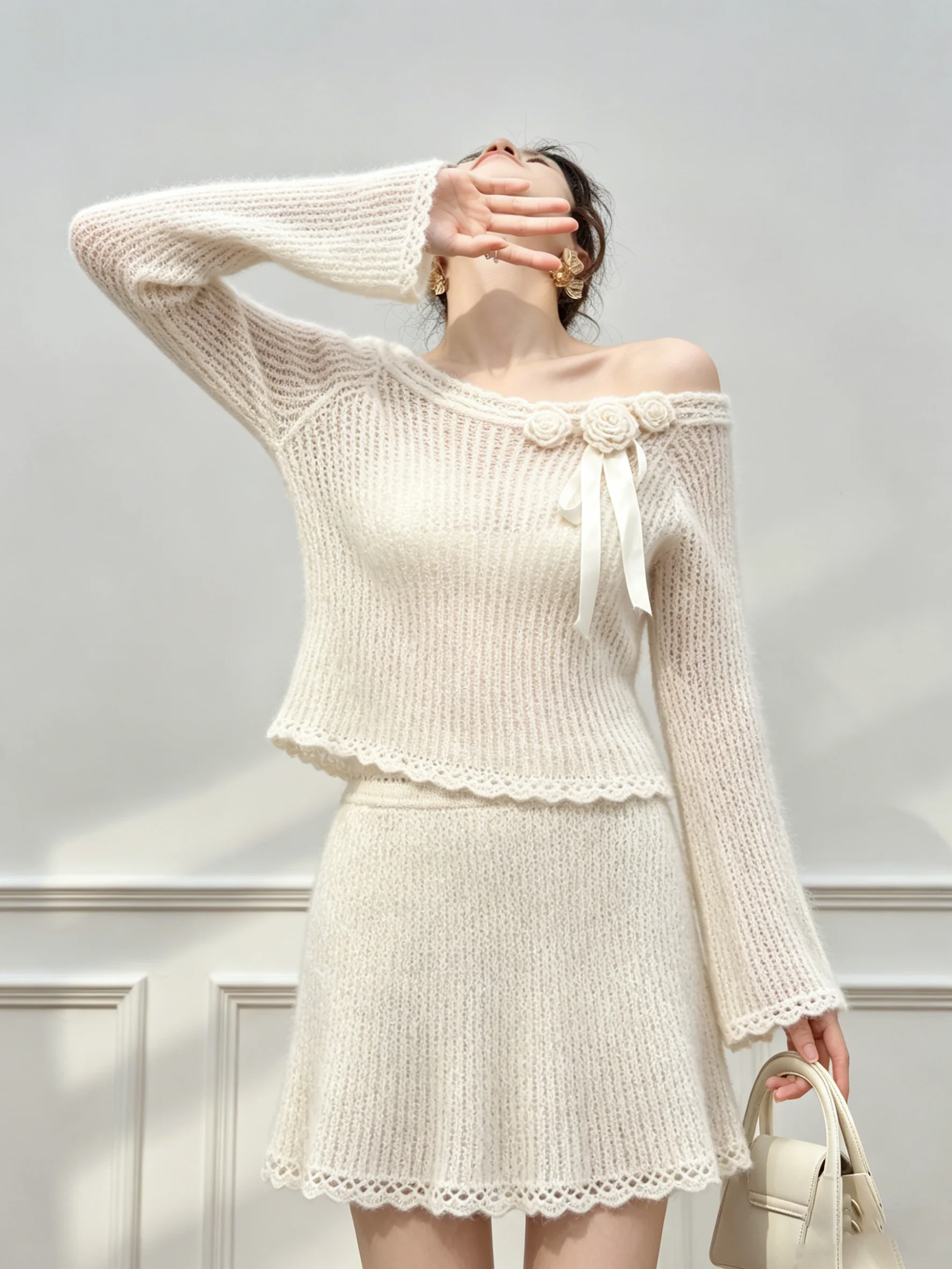 

White Knitted Hollow out Flower Asymmetrical Shoulder Top And Half Skirt Set Women's Summer Fashion Ensemble High Waist Flora...