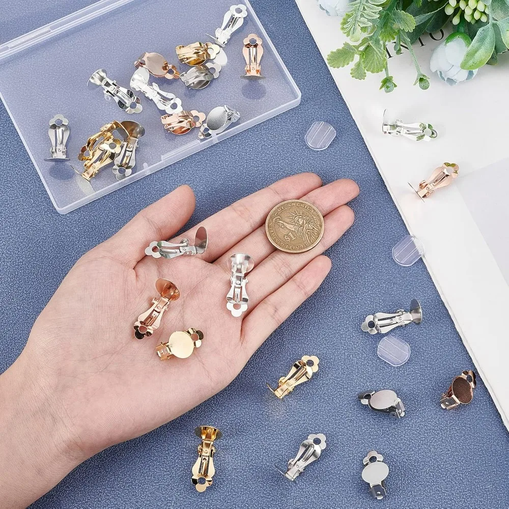 32pcs Earring Clip 4 Colors Clip-on Earring Converter Stainless Steel Round Flat Back Tray Earring Clips with 32pcs