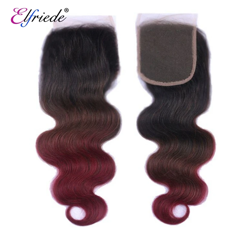 Elfriede T1B/4/99J Body Wave Ombre warna rambut bundel dengan penutup rambut manusia Brasil tenun 3 bundel dengan renda penutupan 4x4