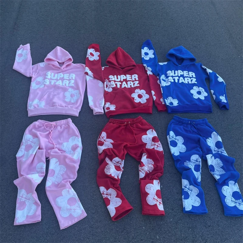 Autumn And Winter Trendy Set Superstar Printed Hoodie Sweatpants Hip Hop Flower Pattern Dressing
