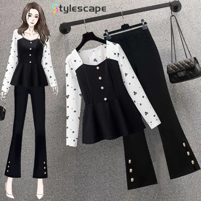 Large Size Women's Fashion Temperament Set Autumn New Item Slimming Shirt Top Micro Pull Pants Two-piece Set