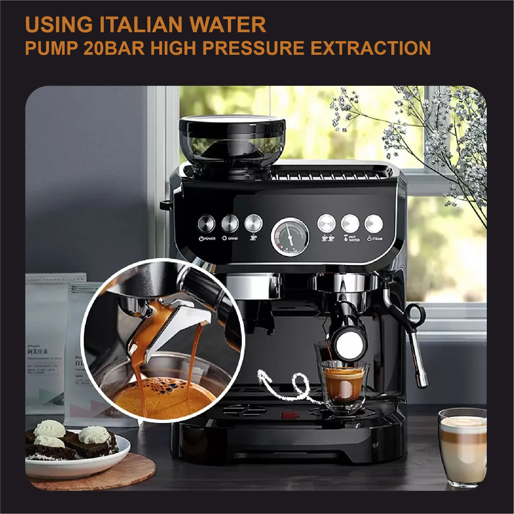 espresso and grinding integrated semi-automatic commercial coffee machine 15Bar pump pressure coffee maker