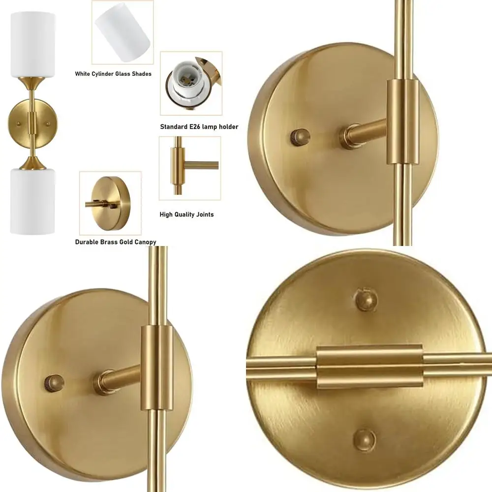 

Mid-Century Modern Brushed Brass Wall Sconce with White Glass Shades for Bathroom, Bedroom, Living Room, and Restaurant