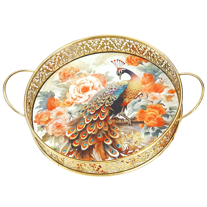 

Round binaural color tray light luxury American Chinese home water cup candy snack storage tray