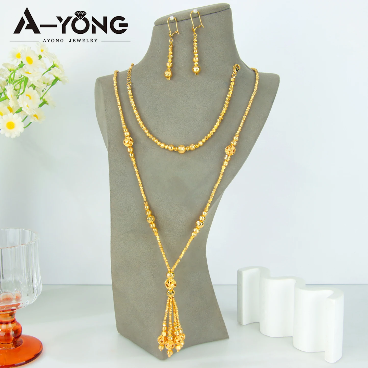 

Роскошный комплект свадебных украшений в Дубае, 24-каратное позолоченное Эфиопия, винтажное ожерелье, браслет, серьги, Algieria, женские вечерние украшения