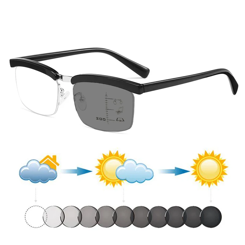 

Мужские модные ретро-очки TR90 с полупрозрачной оправой, фотохромные прогрессивные очки для чтения, для зрения на ближнем и дальнем расстоянии, мультифокальные солнцезащитные очки для дальнозоркости