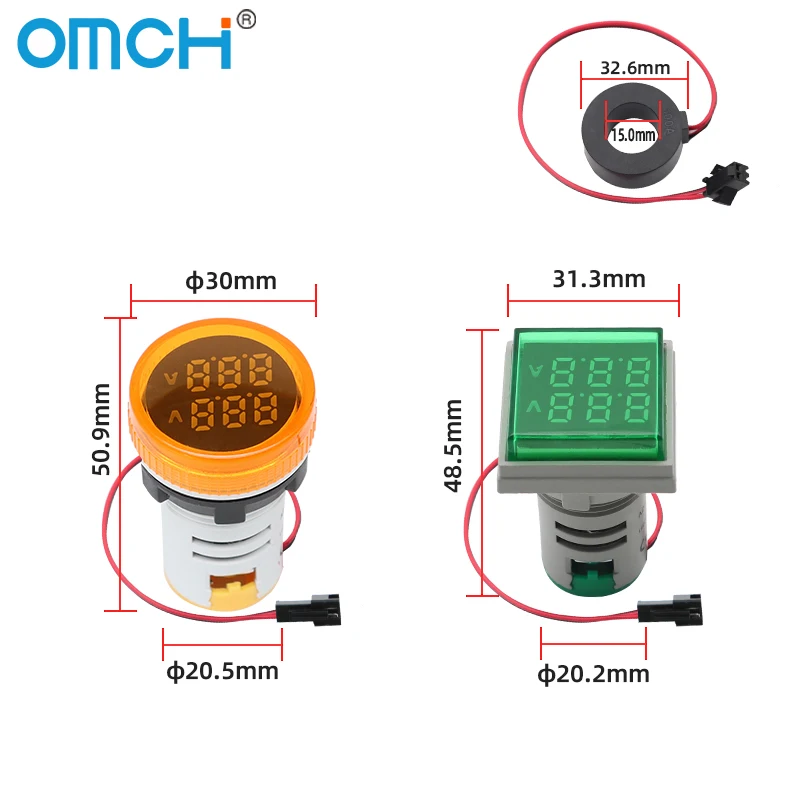 OMCH 1PCS 22MM AC 50-500V 0-100A Rotondo/Suqare Mini LED Doppio Display Digitale Tester Volt Amp Tester Rivelatore