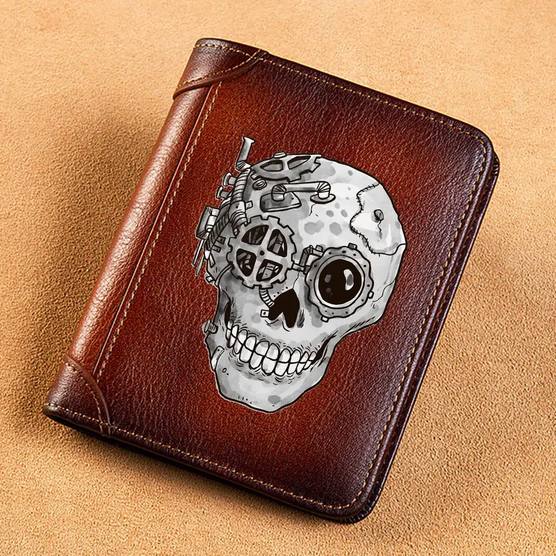 

High Quality Genuine Leather Men Wallets Classic Steampunk Skeleton Skull Short Card Holder Purse Trifold Men's Wallet BK3864