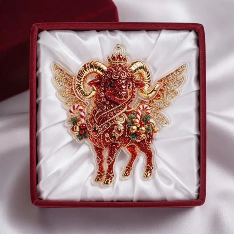 Chinese Zodiac Goat Hanging Ornament 2D Acrylic Auspicious Red Gold Craft for Lunar New Year Holiday Gift Home Decor