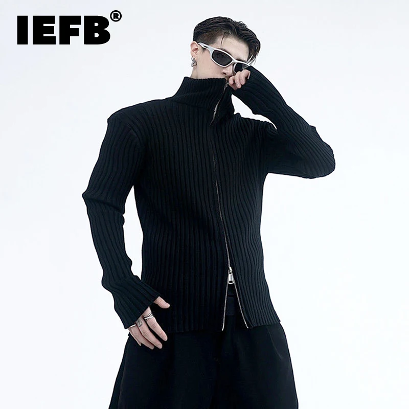 IEFB New Personality Darkwear Double Zipper Sweater Casual Versatile Stripe 2023 Solid Color Zipper Male Pullover 9A5549