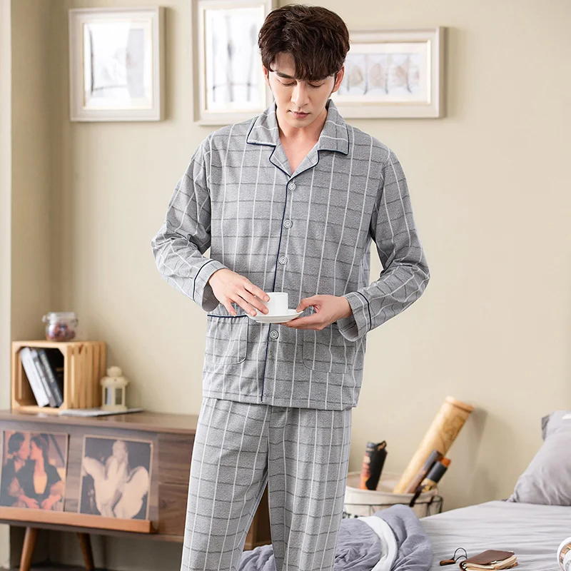 Nieuwe 2022 Herfst Mannen Plaid Pyjama Lange Mouw Mannelijke Pyjama Set Mannen Pure Volledige Katoenen Pyjama Voor Mannen Nachtkleding Pak homewear 4XL