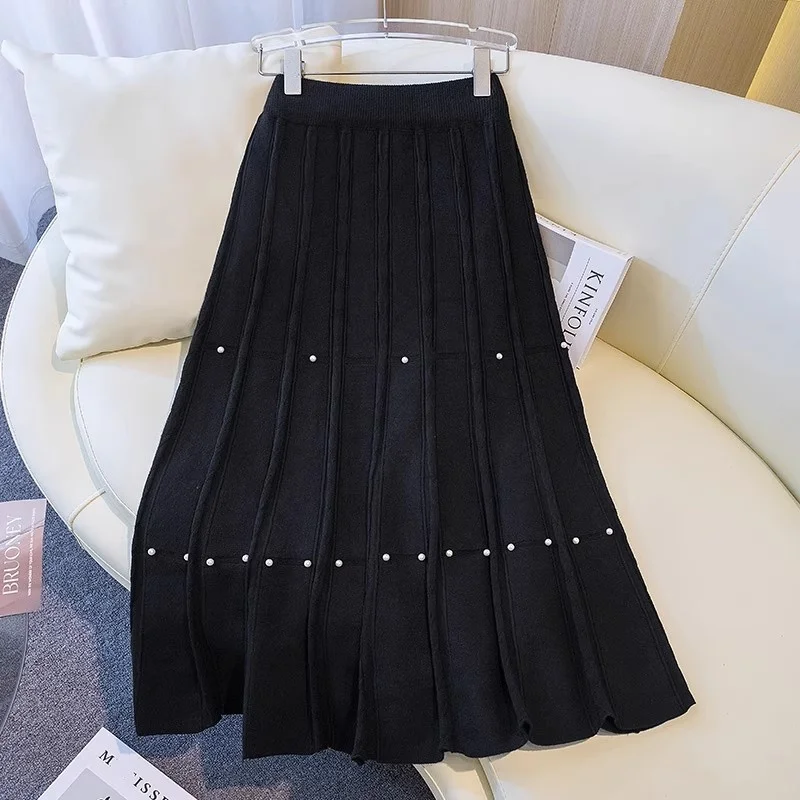 High End Large Size Knitted Skirt For Women In Autumn And Winter 2025 Fashion Loose Slimming A-Line Skirt Nail Bead w1187
