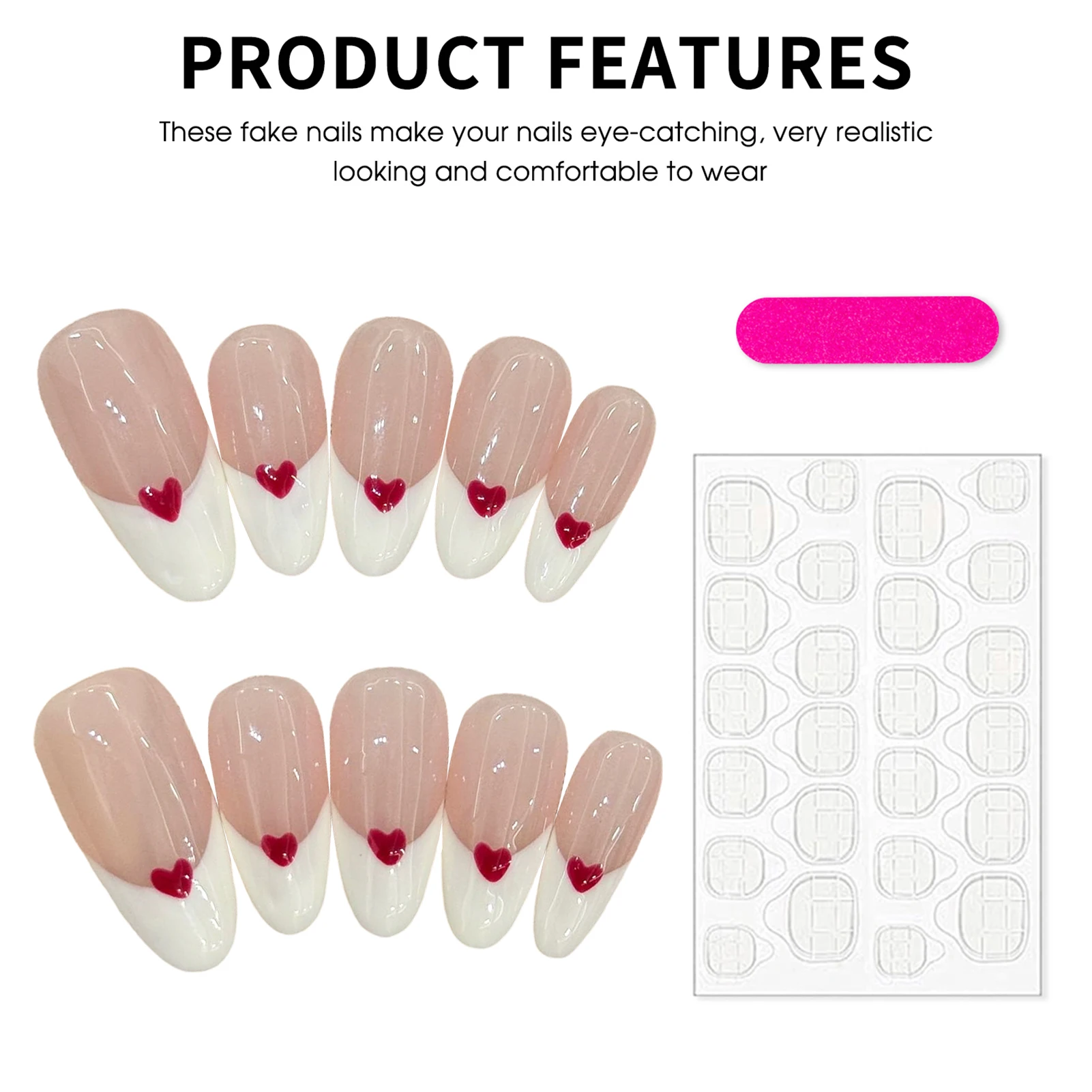 10pcs Sweet Love Heart เล็บปลอมแพทช์ INS สีขาวเรียบง่ายขอบภาษาฝรั่งเศสคําสไตล์อัลมอนด์ Handmade กดบนเล็บ Charming เล็บปลอม