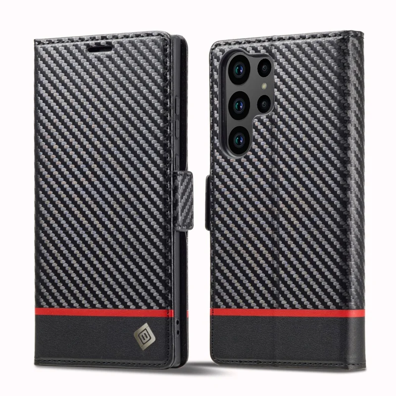EUCAGR Koolstofvezel Flip Magneet PU Lederen Portemonnee Telefoon Case voor Samsung S26 Ultra S25 S24 S23 S22 S21 S20 S10 S9 S8 Plus Cover