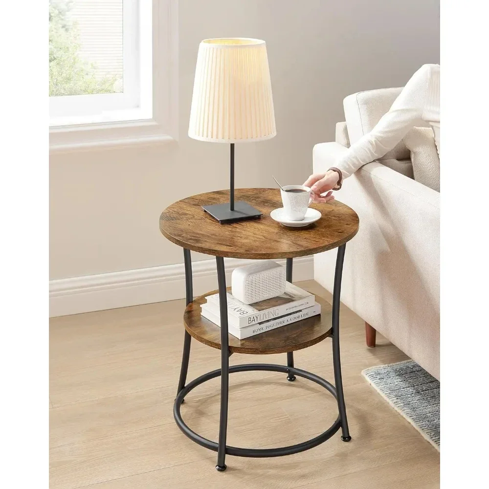 

Side Table, Round End Table with 2 Shelves for Living Room, Bedroom, Nightstand with Steel Frame for Small Spaces