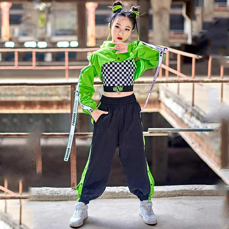 Trajes de Jazz para niñas, trajes de escenario para Festival de baile moderno, trajes de baile de Hip Hop para niñas, Tops cortos verdes, pantalones sueltos Kpop, 2023