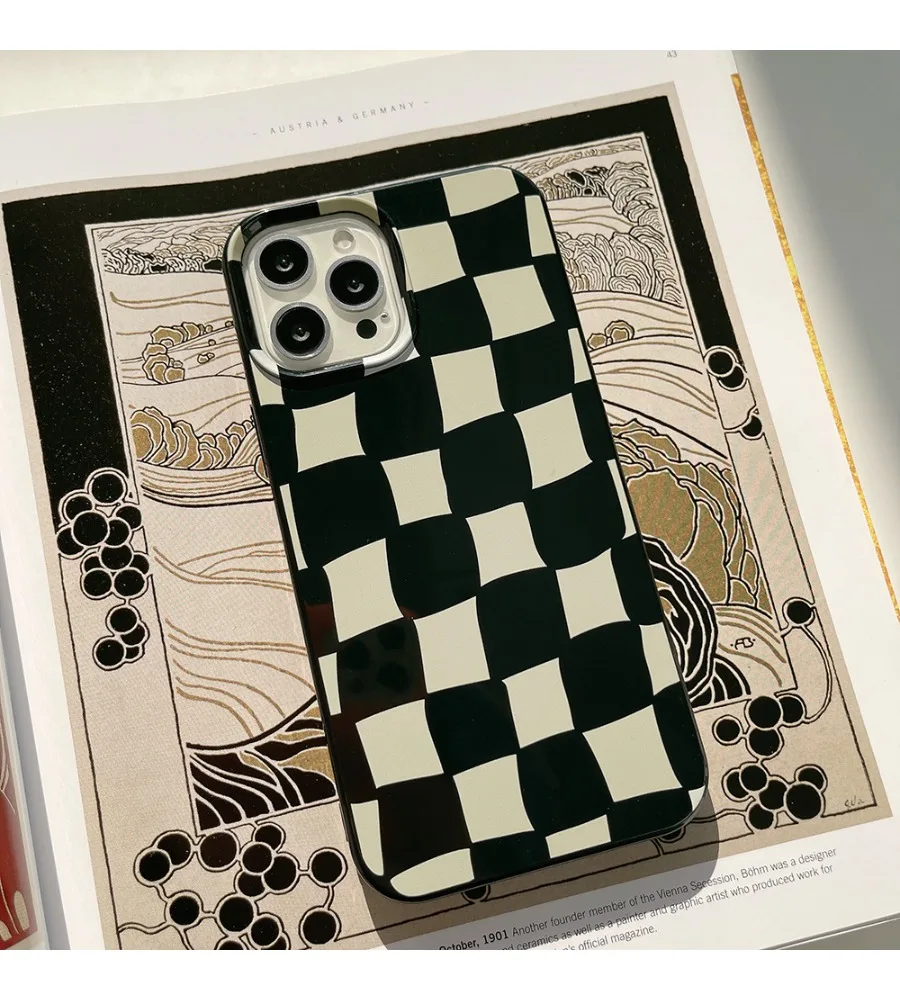 Distorted Black White Checkerboard Glossy Phone Case For Iphone 12 13 14 15 16 17 Electroplated Lens Frame Hard Shell