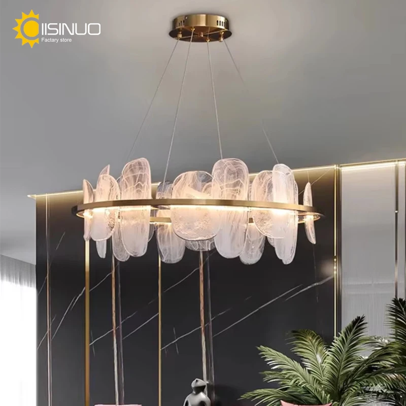 Luxury Gold Ring 40/60/80/100cm Chandelier Cloud Glass Adjustable Ceiling Pendant Light Dimmable Living Room Dining Room Fixture