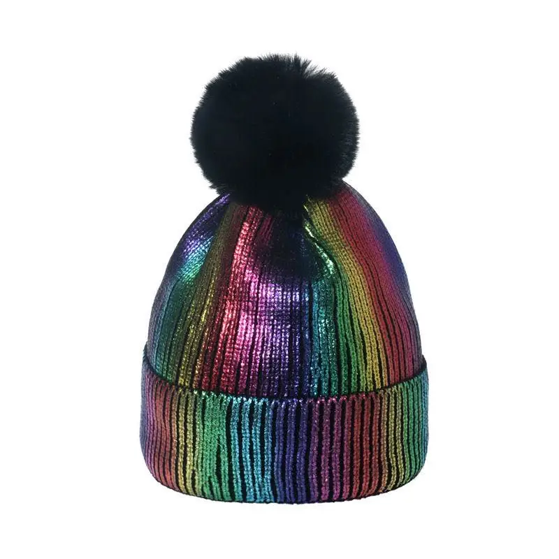 ladies women girl fashion Winter shining metallic beanie hat with pompom