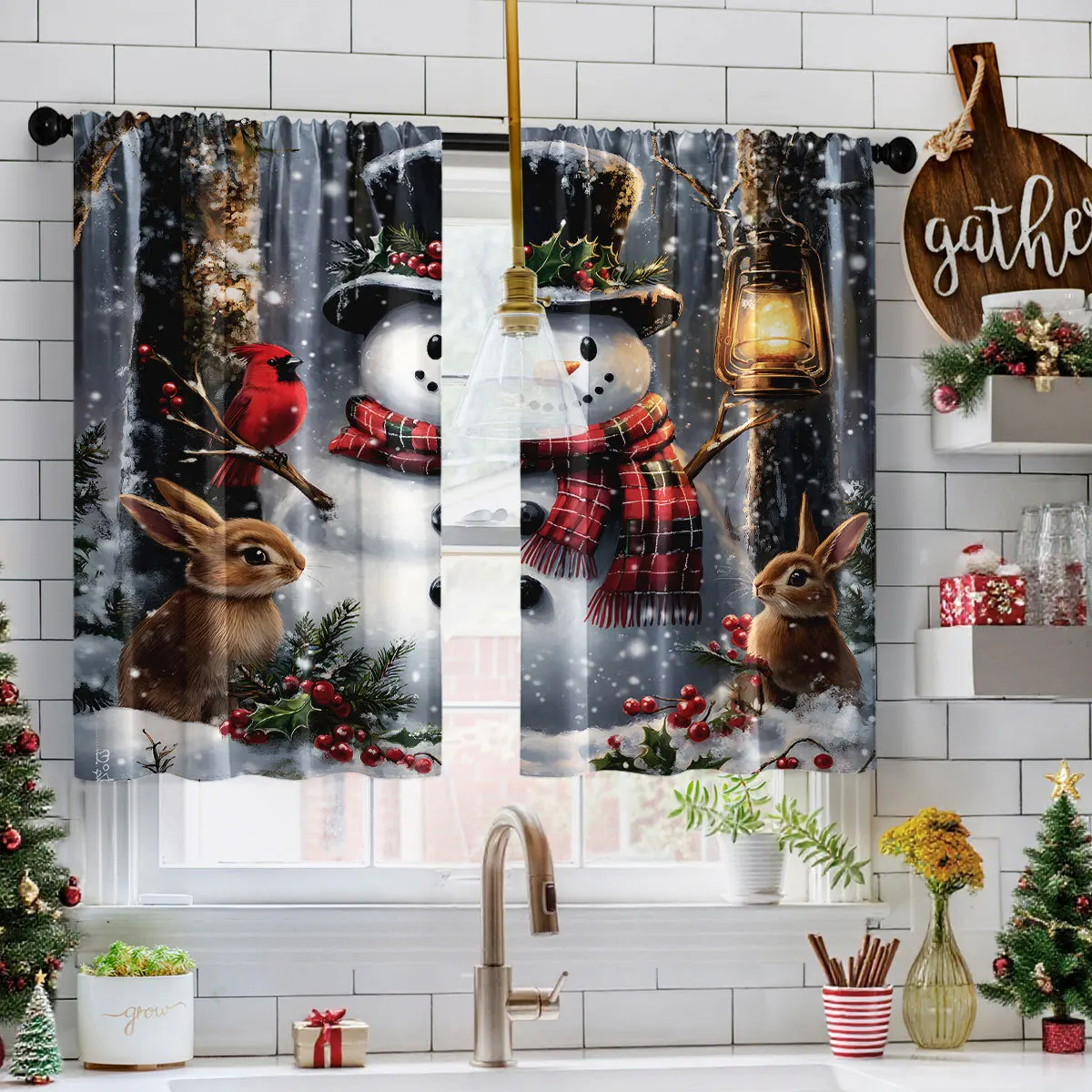 VIKAMA 2PCS Christmas Short Valance Curtains 3D Print Waterproof Oilproof No Drill for Kitchen Window Bathroom Decor