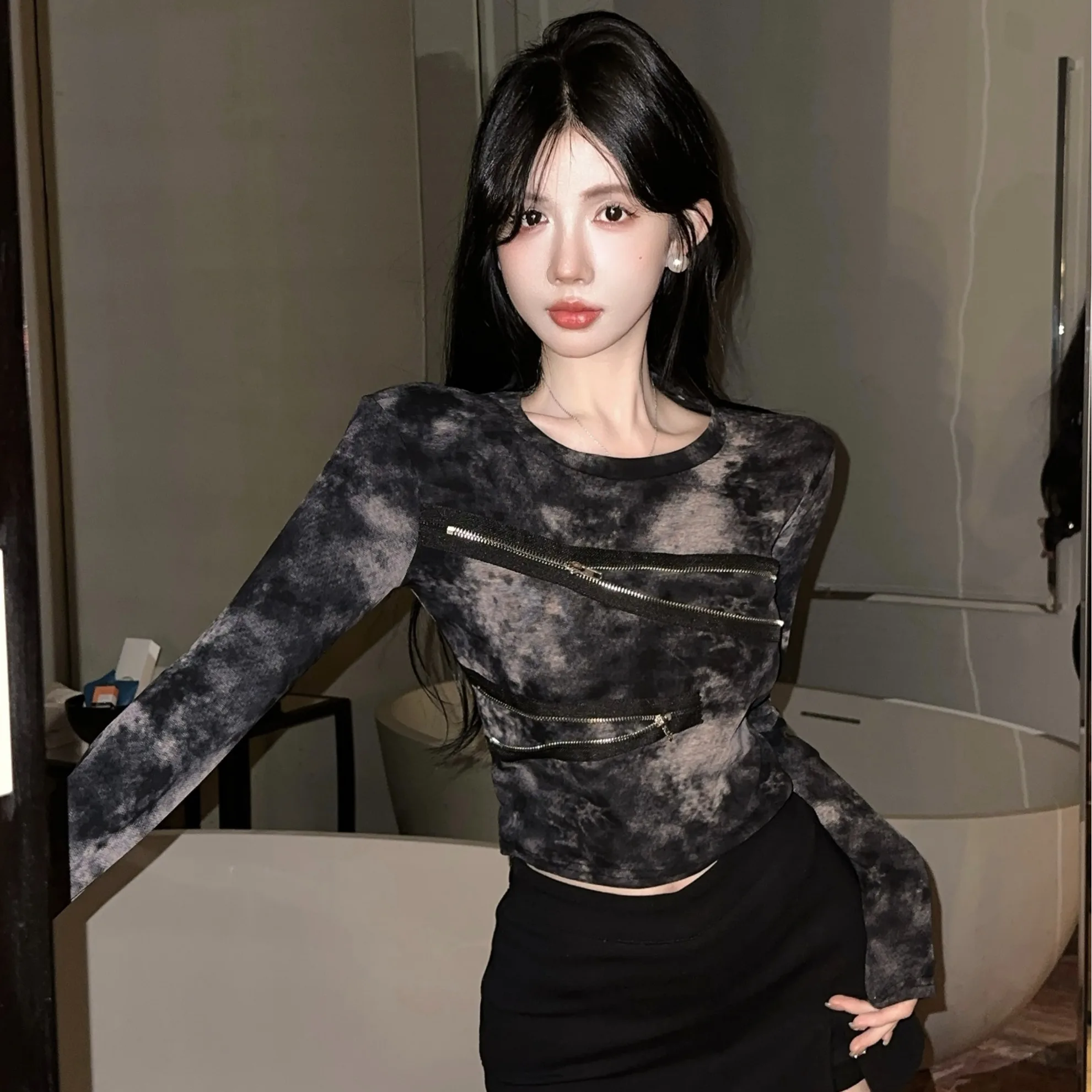 

American Design Sense Zipper oulder Length Sve T-irt Women's Retro Small Cro Slimming Spicy oulder Pad adient Top