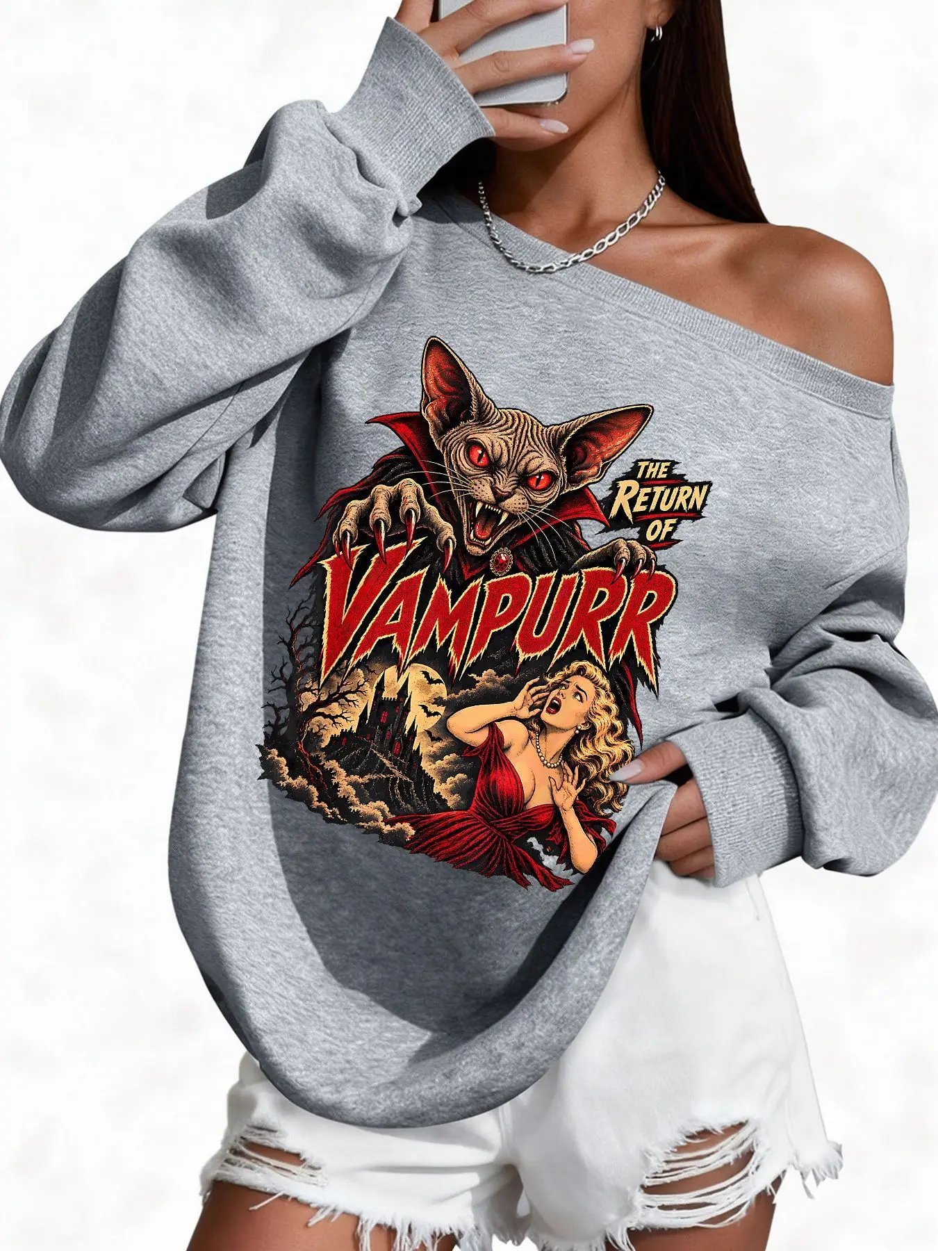 Plus Size 50% Cotton Gothic Vampire Cat Print Graphic Pullover High Quality Women'S Off-Shoulder Wide Neck Sweatshirt Warm Ca