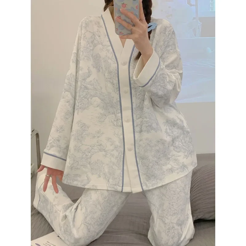 Ink Painting Printing Sleepwear Women Spring and Fall Korean Fashion Cardigan Long-sleeved Pants Two-piece Homewear Pajamas Set