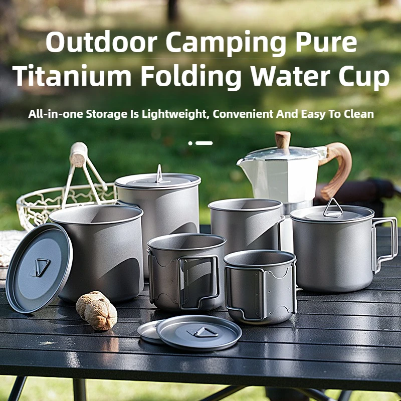 

Lightweight Pure Titanium Cup Camping Mug Coffee Mug Foldable Handle Outdoor Backpack Cup Hiking Picnic Fire Cooking