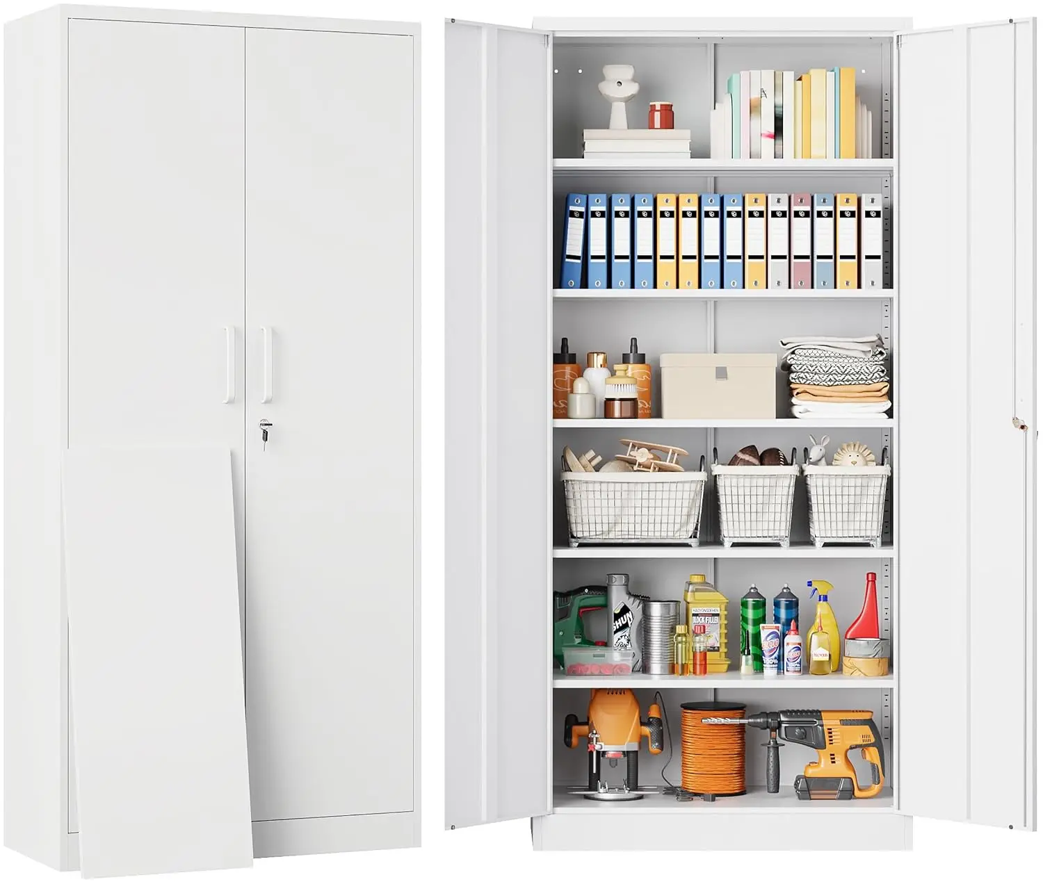 White Metal Storage Cabinet 2 Doors 6 Shelves 71