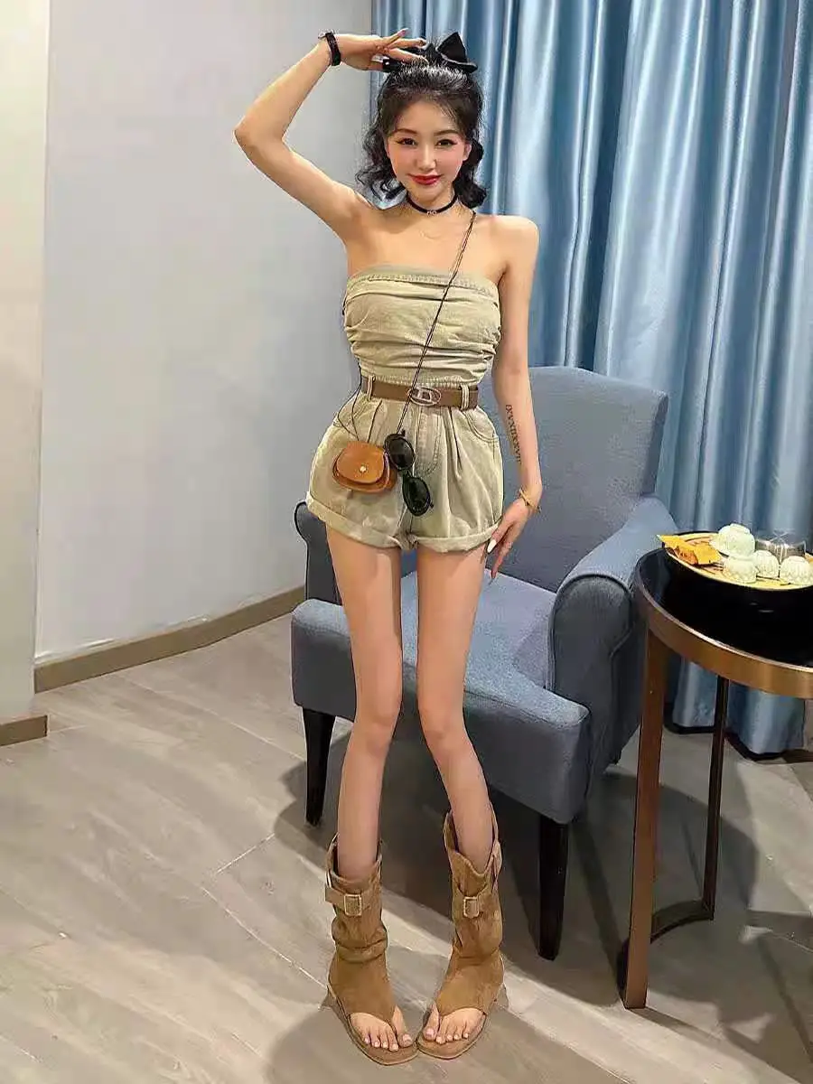 Sweet Spicy Sexy Fold Waist Slimming One-Line Neck Off-The-Shoulder Jumpsuit Women'S 2024 Summer Spread Chest Broadleg Jumpsuit