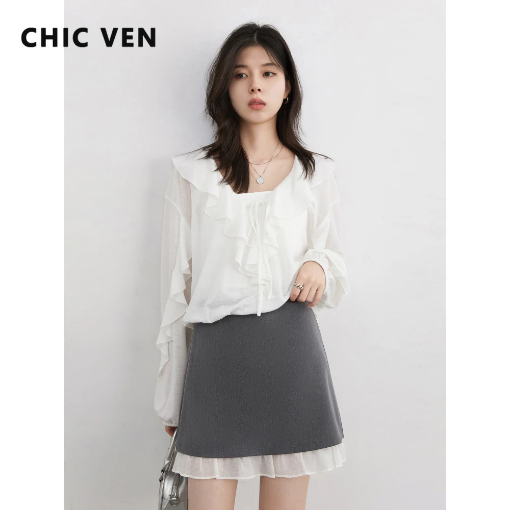 

CHIC VEN Women Skirts Fashion Korean Solid Slim Casual New A-line Ruffled Hip Female Short Skirt Splicing Spring Autumn New 2025