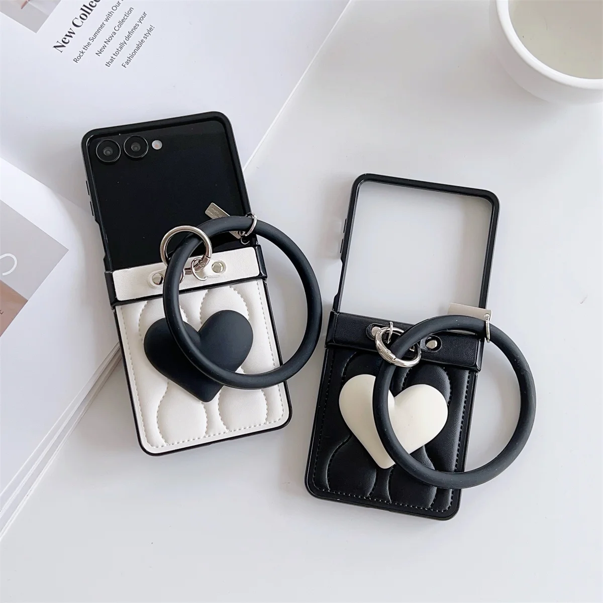 Lxuury موجة أسفل السترات القلب قضية الهاتف مع حلقة سوار لسامسونج غالاكسي Z فليب 7 6 5 4 3 Z Flip6 ZFlip 7 Zflip7 FE غطاء