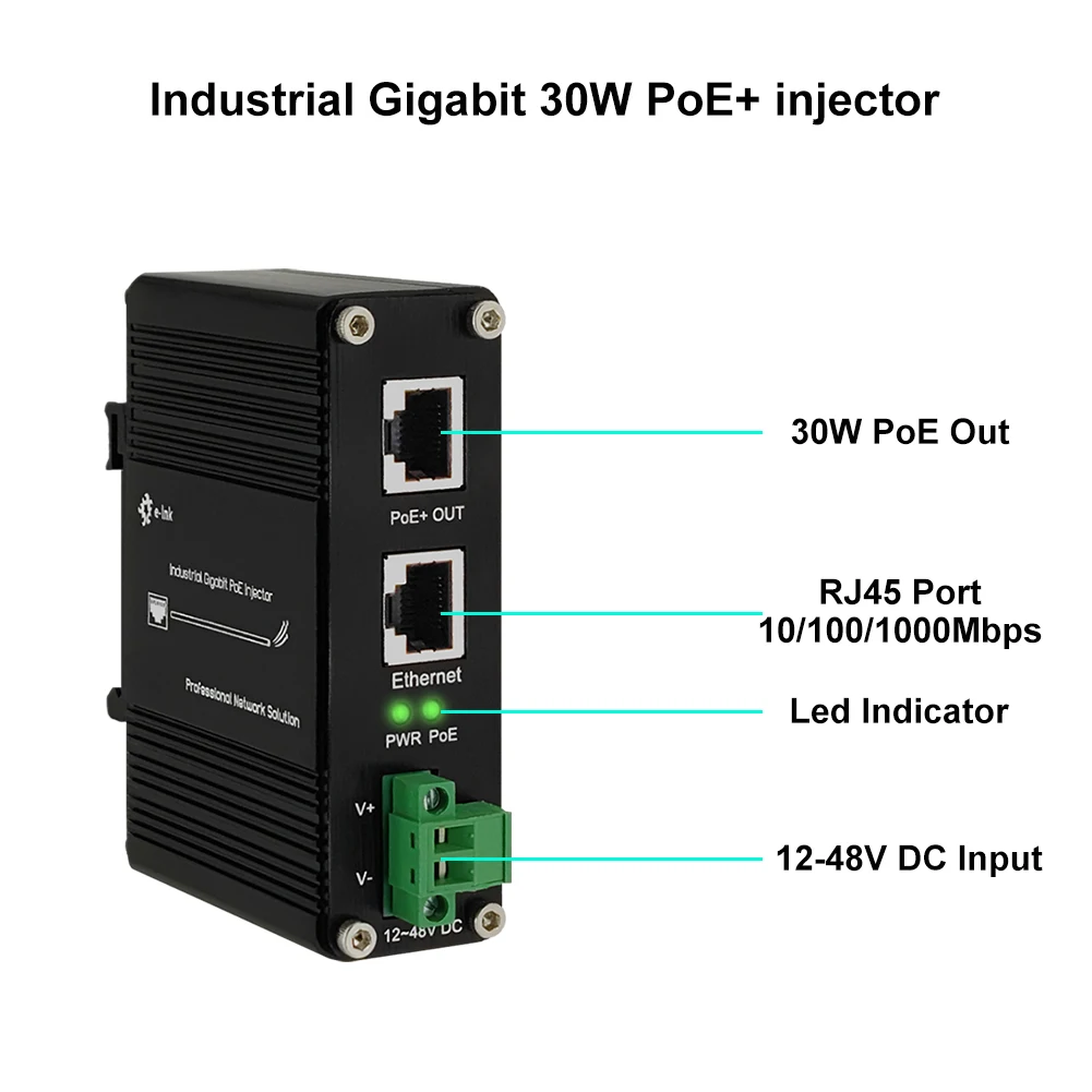 Injetor PoE Gigabit industrial, adaptador PoE de 30 W/95 W, IEEE802.3 af/at/bt, entrada 12 ~ 48 V DC, trilho DIN ou instalação de montagem na parede