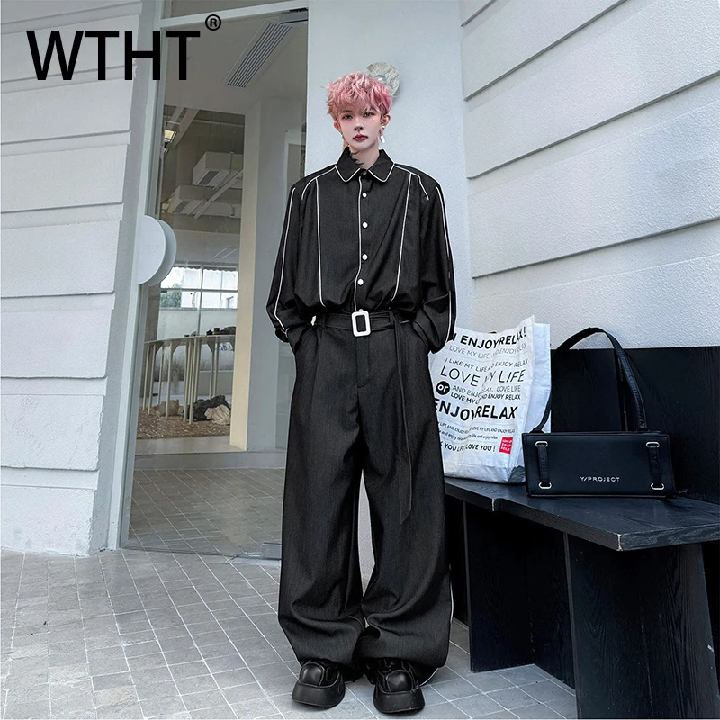 

WTHT Trendy 2026 Summer Men's Suit Striped Laple Button Loose Shirts High-waisted Straight Casual Pants Male 2A2848