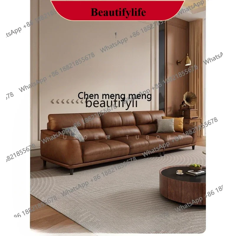 z183  Oil wax leather sofa retro small apartment living room straight row three people first layer cowhide