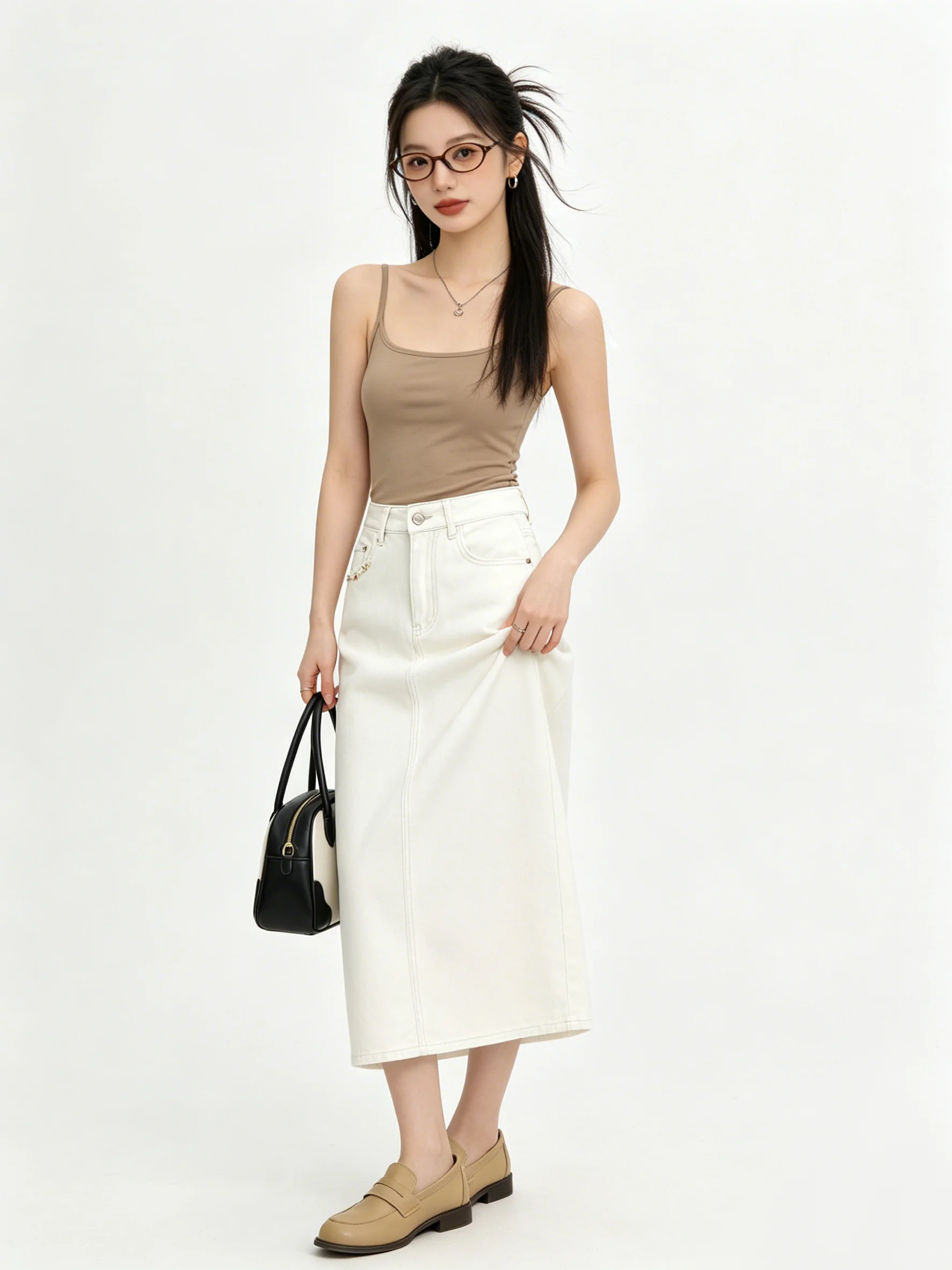 Chic Anti-Aging High Waist A-Line Denim  Skirt Commute Slimming Design Sensation Mid-Length Skirt Beige Versatile