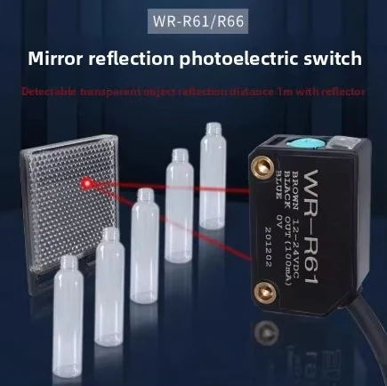 WR-R61 Photoelectric Switch Sensor for Detecting Transparent Objects, Square Type 5-300cm Range NPN Output DC 12~- 24V