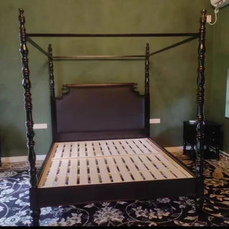 A Retro solid wood bed simple Roman column carved high-end double bed