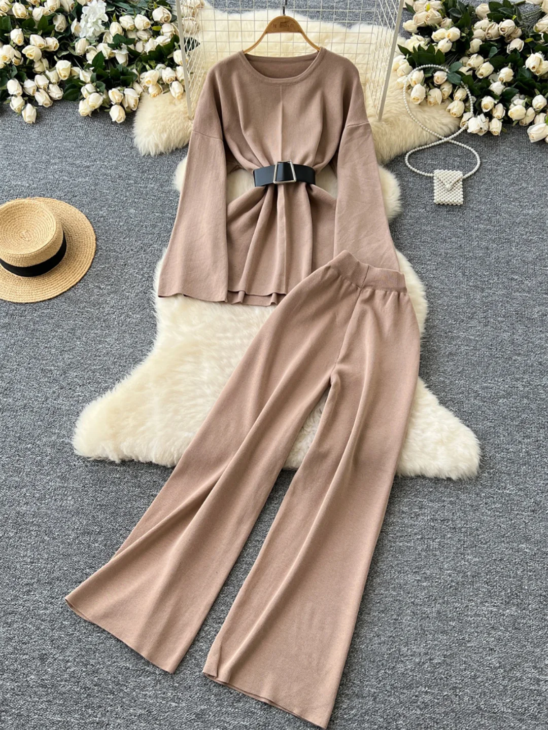 Croysier Pants Sets 2024 Elegant Casual Knit Two Piece Set Women Belted Loose Pullvoer Sweater And Wide Leg Trousers Co Ord Set