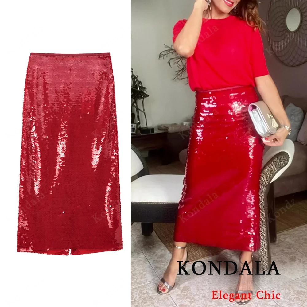

KONDALA-Women Fashion Red Sequined Midi Skirt Hip Wrap Slim Skirt New 2025 Spring Autumn Fall Dinner Party Christmas Date Skirt